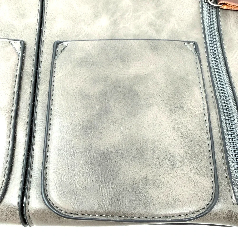 Gray Leather Tote Bag Brown Strap Large Zip‎ Pocket Shoulder Bag